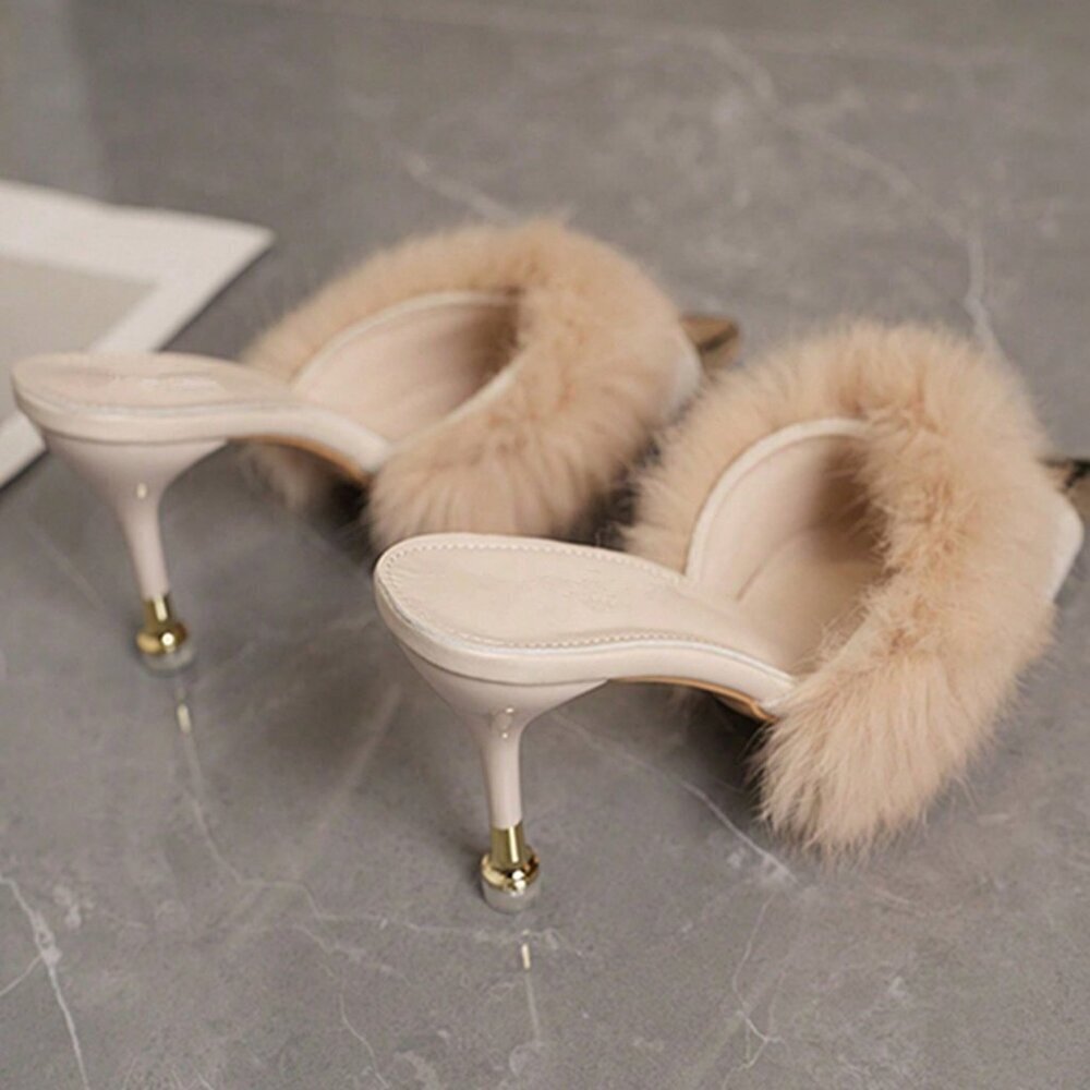 Beige Elegant Women's Mules Heels Pointed Toe Slip On Backless Slides - Picture 4 of 4